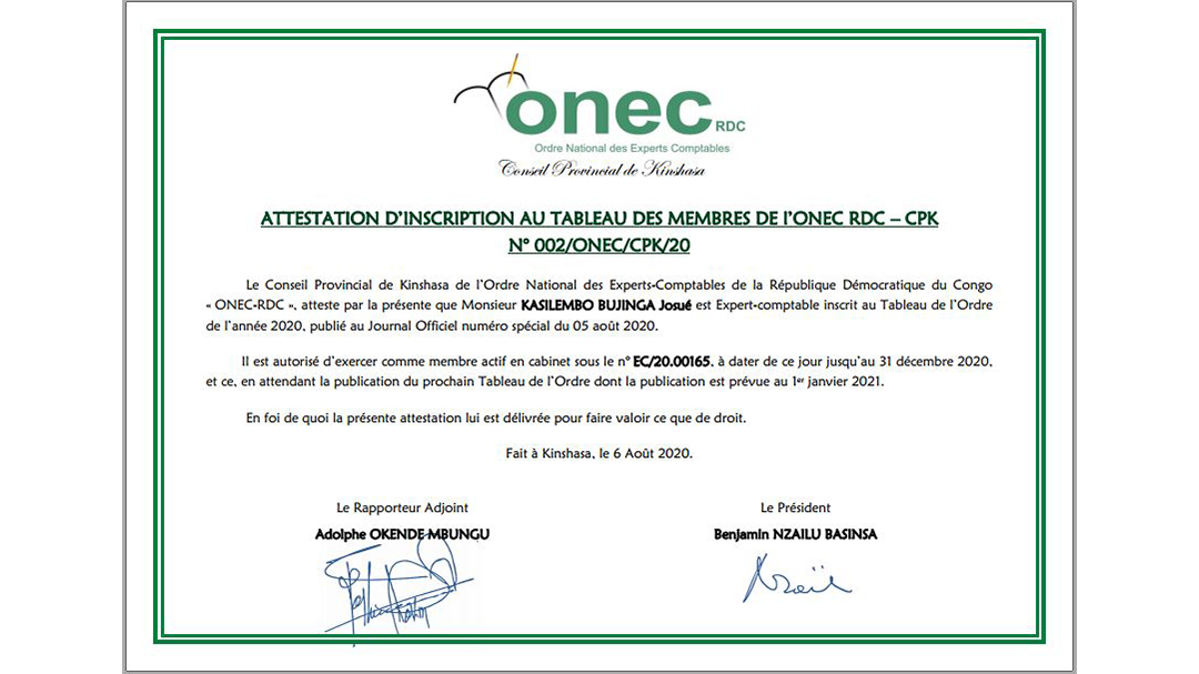 Attestation D’inscription Des Membres De L’ONEC RDC - CPK